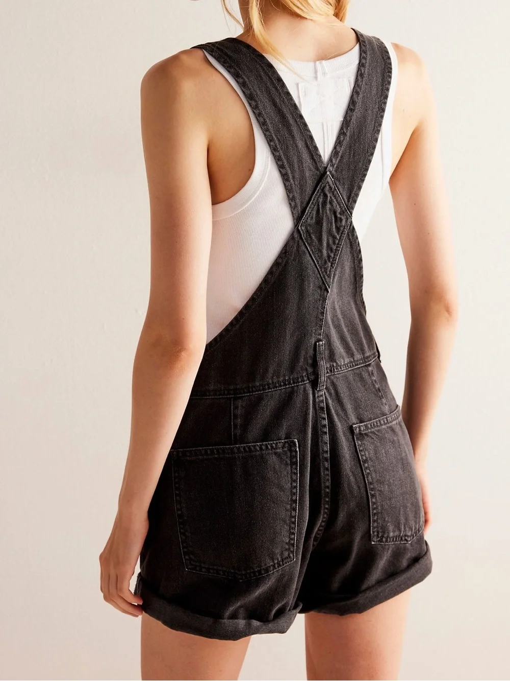 Free People Black Denim Short Overalls